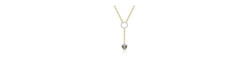 Rachel Glauber 14k Gold Plated with Green Cubic Zirconia Eyes Cat Head Link Chain Necklace