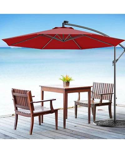 Costway 10' Hanging Solar Led Umbrella Patio Sun Shade Offset Market W/Base