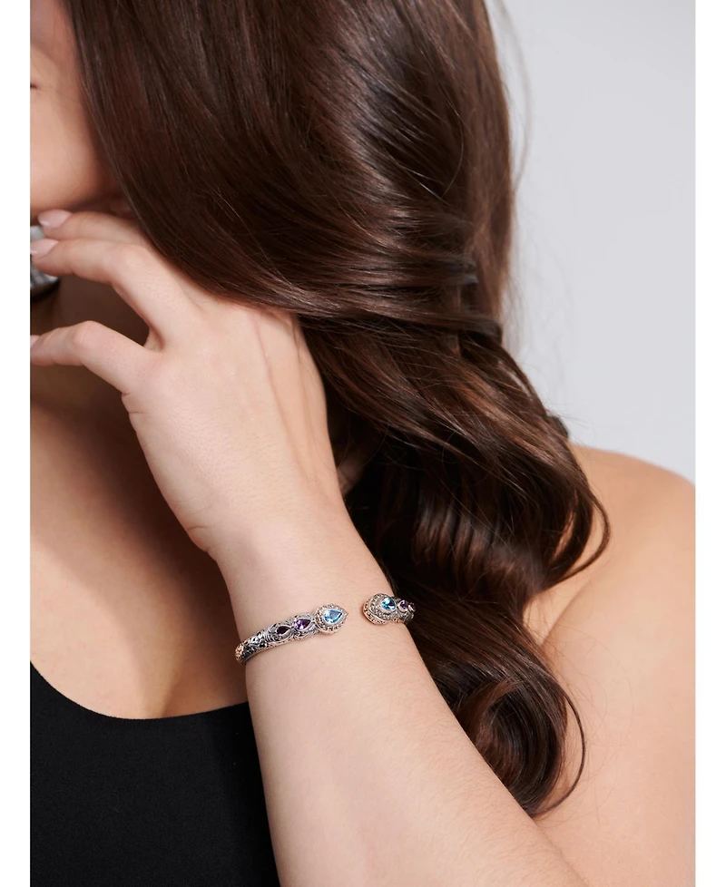 Blue Topaz & Bali Filigree Cuff Bracelet Sterling Silver and 18K Gold
