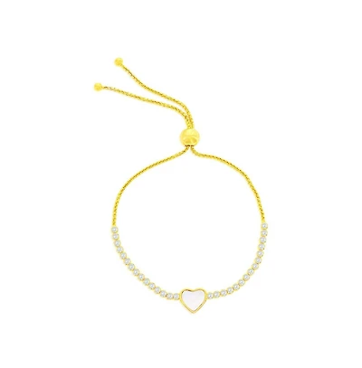 Caribbean Treasures Sterling Silver, Heart Mop Center, Cz Adjustable Bolo Bracelet