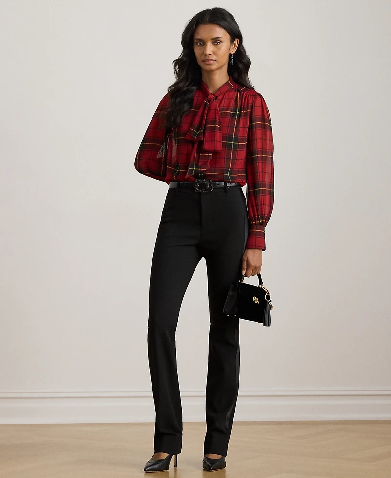 Lauren Ralph Petite Plaid Print Tie Neck Top