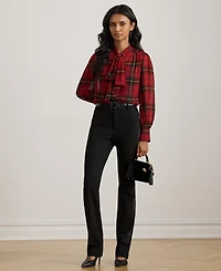 Lauren Ralph Petite Plaid Print Tie Neck Top