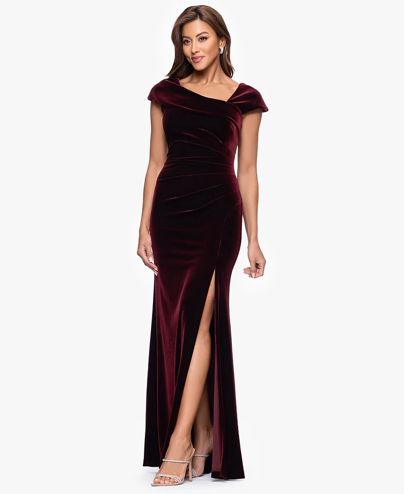 Xscape Women's Asymmetrical Neck Cap Sleeve Velvet Dress