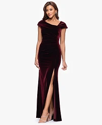 Xscape Women's Asymmetrical Neck Cap Sleeve Velvet Dress