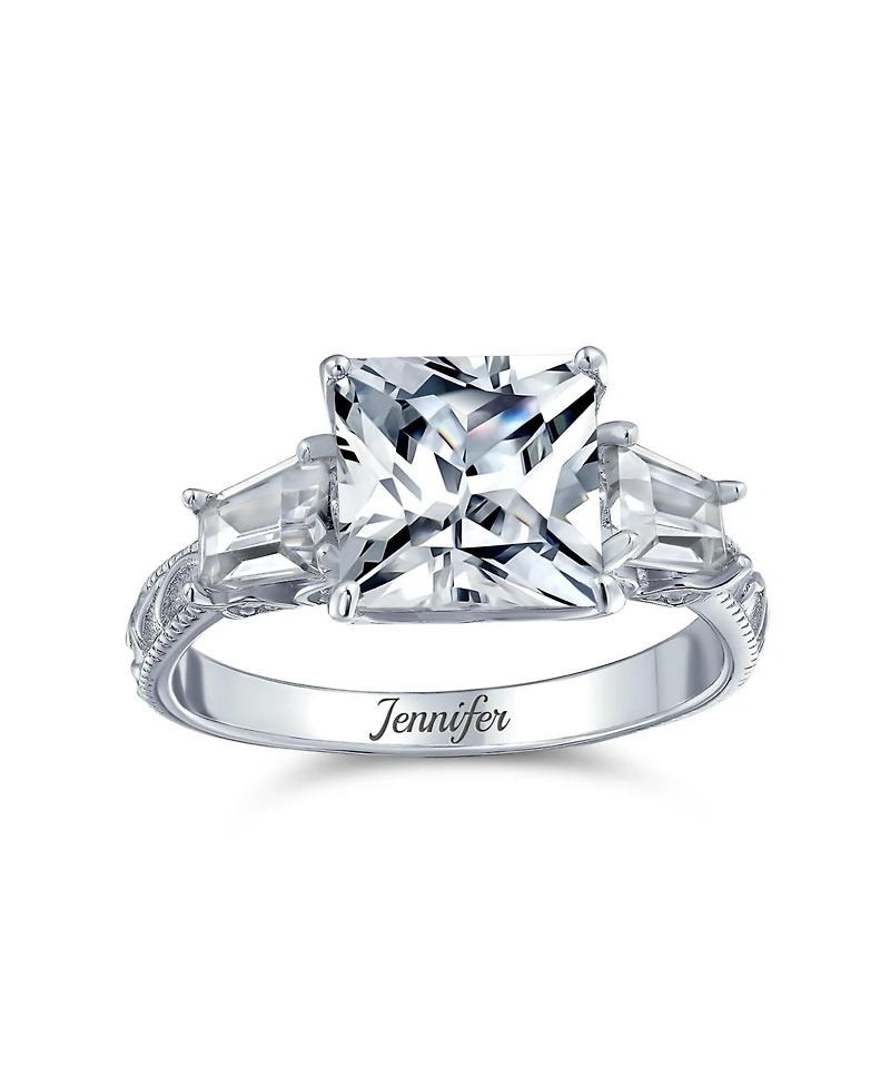 Bling Jewelry Classic 3CT Princess Cut Cz Solitaire Ring with Baguette Accents Sterling Silver