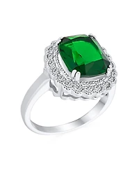 Bling Jewelry Art Deco Style Rectangle Large Cubic Zirconia Solitaire Green Emerald Cut with Cz Halo 10CT Cocktail Statement Ring Silver Plated