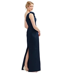 Alfred Sung Plus Oversized Flower One-Shoulder Satin Column Dress