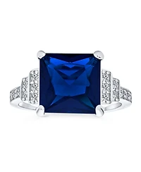 Bling Jewelry Sterling Silver Art Deco Style 5CTW Blue Princess Cut Cz Statement Ring with Stepped Side Stones