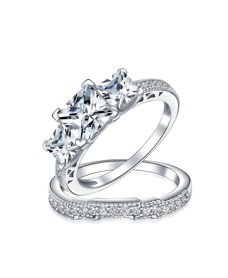 Bling Jewelry Classic 3CT Square Princess Cut Three Stone Past Present Future Cubic Zirconia Milgrain Promise Ring Band Set Sterling Silver