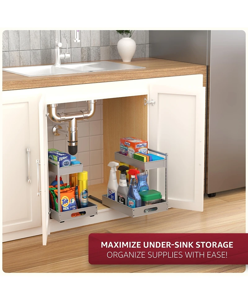 Sorbus 2 Pack 2-Tier Pull-Out Under Sink Organizer and Adhesive Tape - for Kitchen and Bathroom