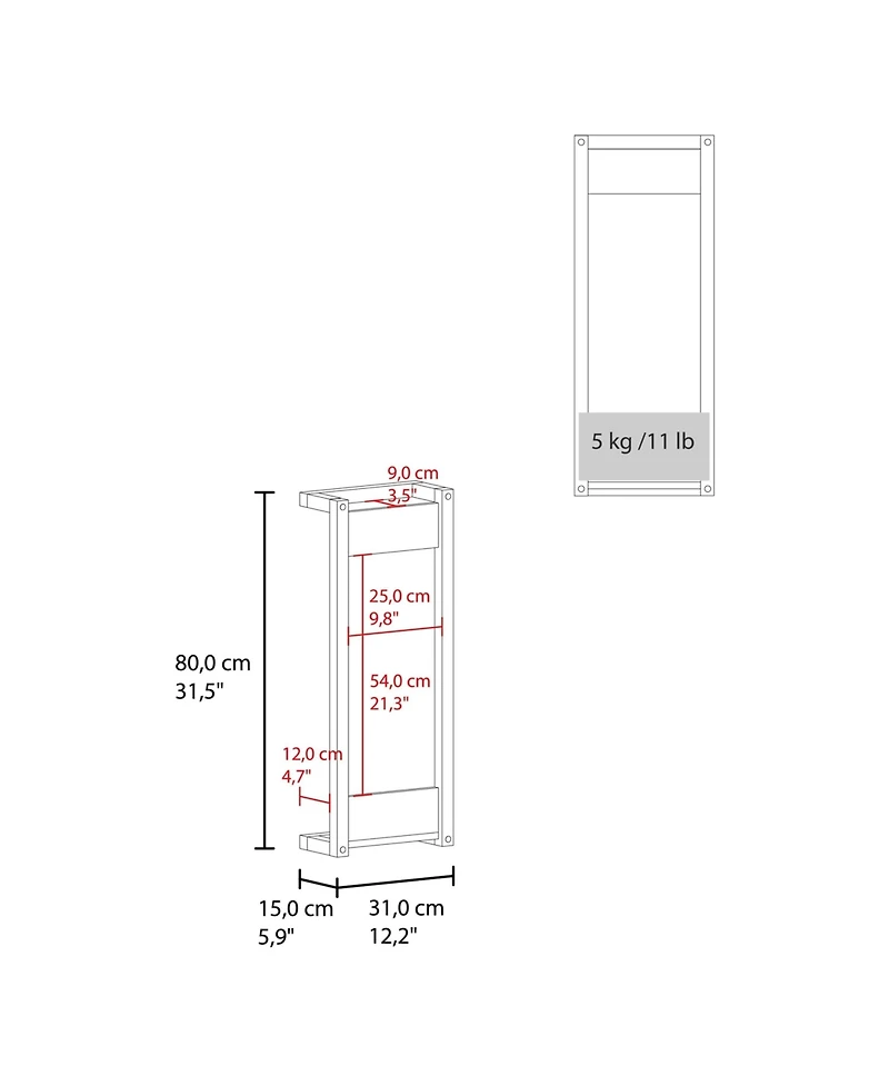 Fm Furniture Washan Towel Rack, wall-mounted design, open vertical frame, integrated lower shelf for folded towels, sturdy and lightweight structure,