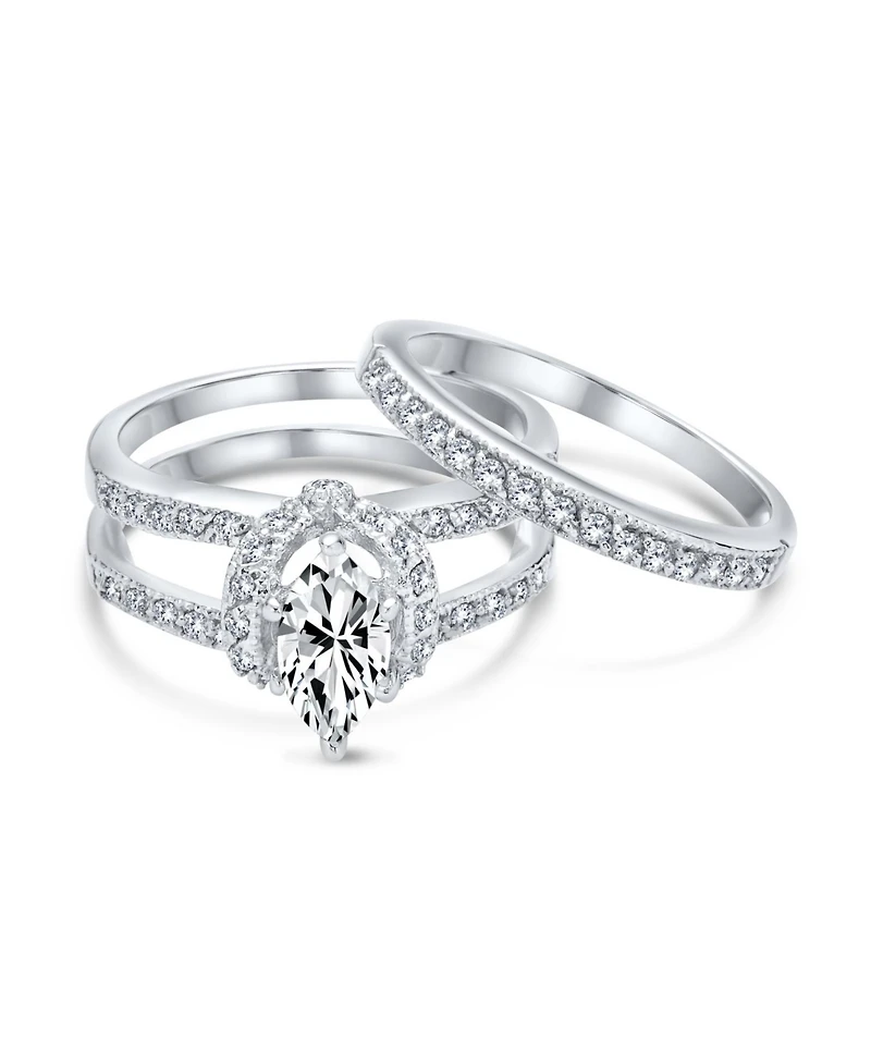 Bling Jewelry 2CT Solitaire Marquise Cubic Zirconia Halo Statement Promise Ring Set With Guard Inset Enhancer Band Sterling Silver