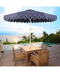 Jonathan Y Tracy 9 ft. Classic MidCentury Scalloped Fringe Market Patio Umbrella with Auto-Tilt Crank, Wind Vent and Uv Protection in Coral