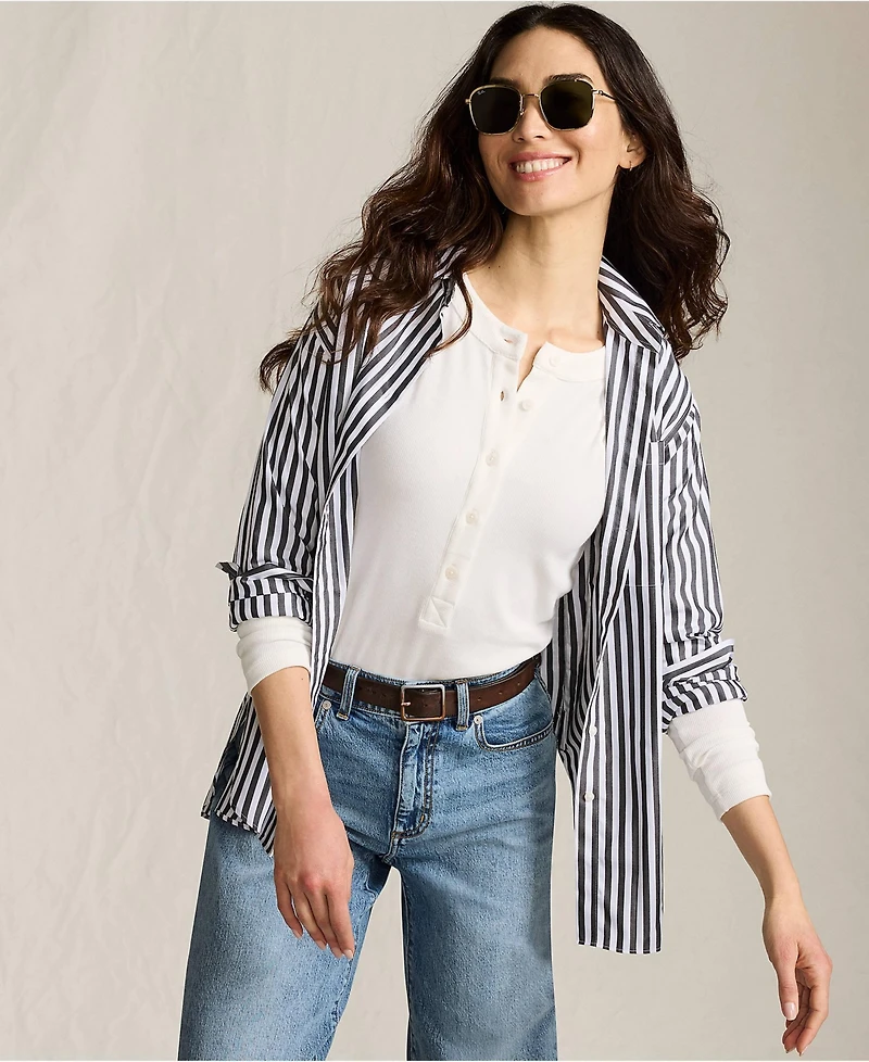 Lands' End Women's Drapey Rib Fitted Long Sleeve Henley T-Shirt