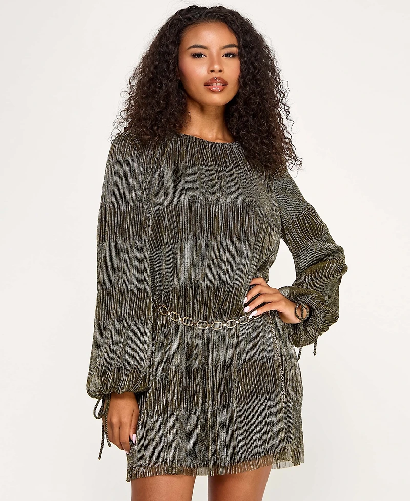 Seni & Cade Juniors' Metallic Pleated Knit Belt Dress