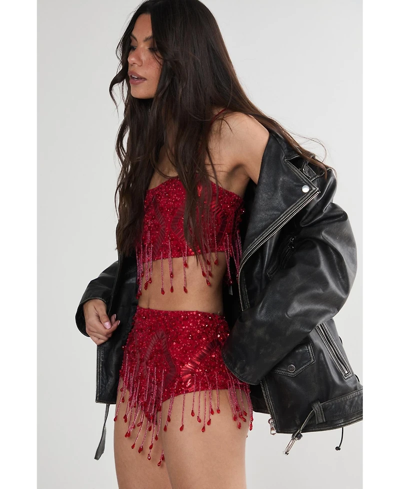 Nasty Gal Women's Embellished Tassel Beaded Booty Shorts