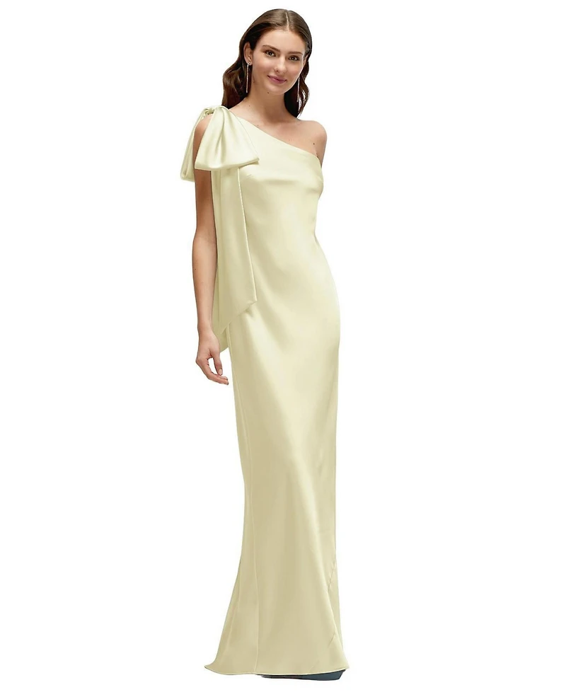 After Six Women's One-Shoulder Bias-Cut Satin Maxi Dress with Cascading Shoulder Bow