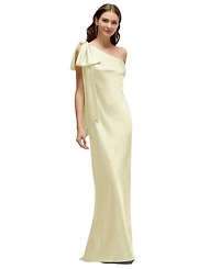 After Six Women's One-Shoulder Bias-Cut Satin Maxi Dress with Cascading Shoulder Bow