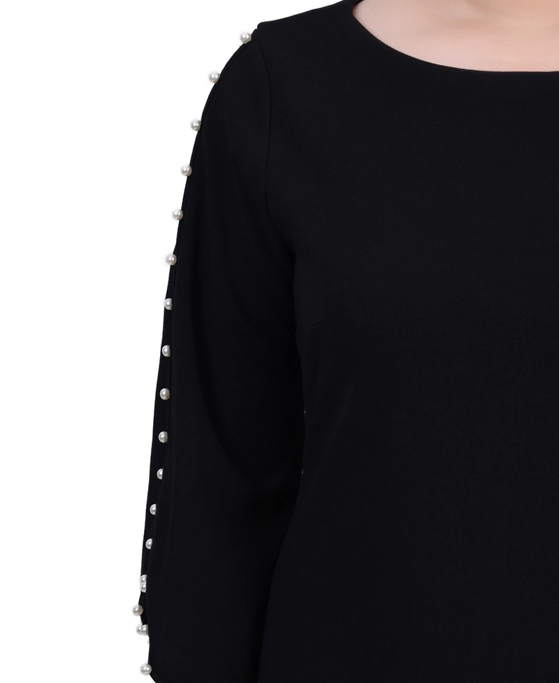Ny Collection Petite 3/4 Cultivated Pearl-Detail Petal Sleeve Dress