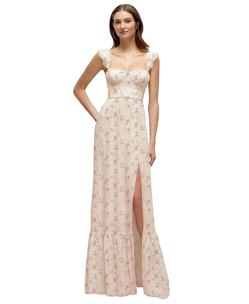 Dessy Collection Plus Ruffle Strap Chiffon Bustier Maxi Dress with Hem A-Line Skirt
