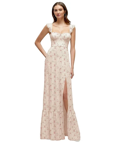 Dessy Collection Plus Ruffle Strap Chiffon Bustier Maxi Dress with Hem A-Line Skirt