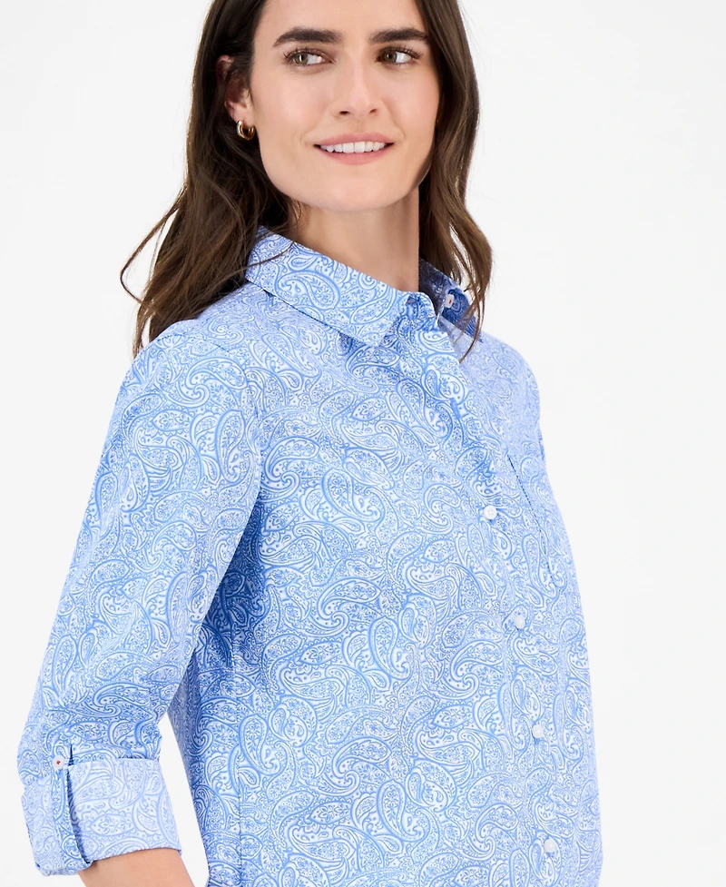Nautica Jeans Women's Cotton Garden Paisley Roll-Tab Shirt