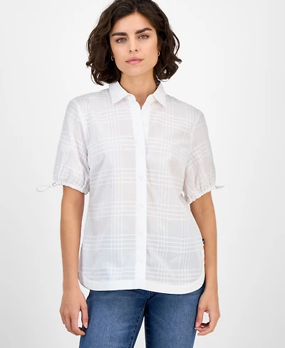 Nautica Jeans Women's Windowpane Bungee-Sleeve Camp Shirt