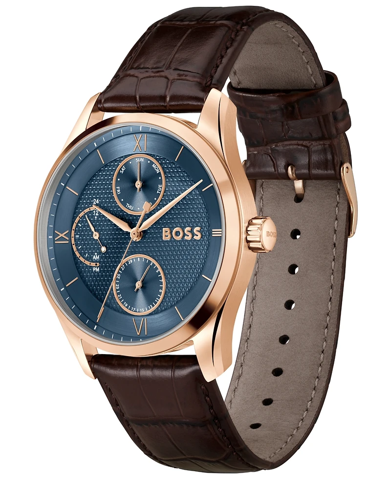 Hugo Boss Men's Principle Master Quartz Multifunction Brown Calfskin Watch, 41mm