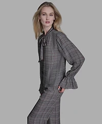 Bcbg Women's Plaid Long Sleeve Tie Neck Top