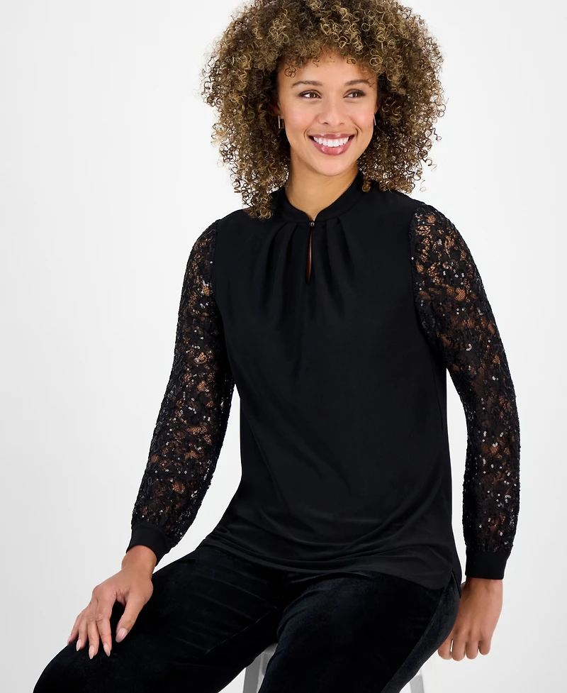 Kasper Women's Sequin-Lace-Sleeve Keyhole-Neck Top