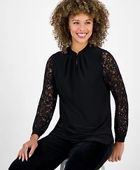 Kasper Women's Sequin-Lace-Sleeve Keyhole-Neck Top