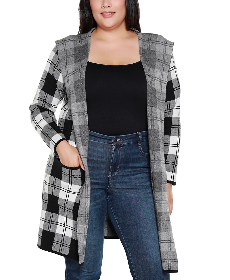 Belldini Plus Size Hooded Checkered Plaid Cardigan Sweater