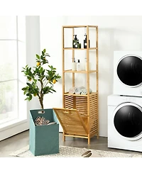 Gymax Bathroom Tilt-out Laundry Hamper Bamboo Tower Hamper w/3-Tier Shelves
