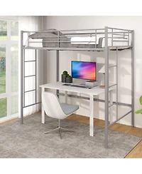 Twin Loft Bed Frame with Dual Ladders and Full-Length Guardrail