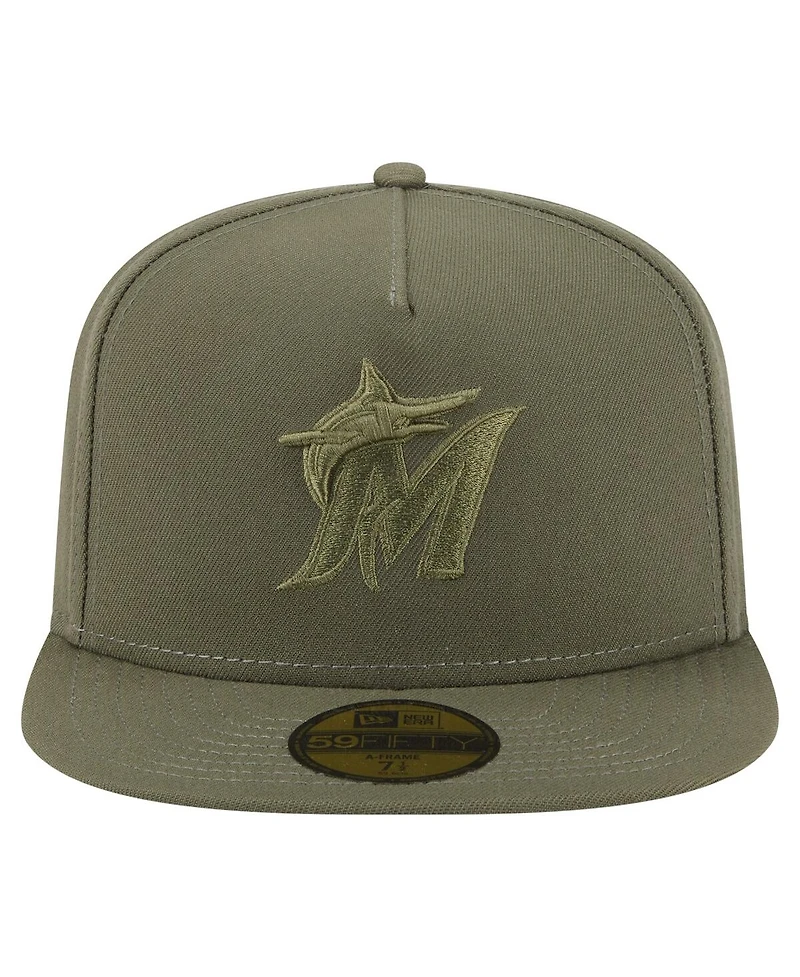 New Era Men's Olive Miami Marlins Color Pack A-Frame 59FIFTY Fitted Hat