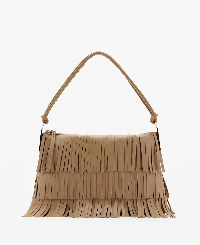 Mango Women's Fringes Detail Large Leather Shoulder Bag
