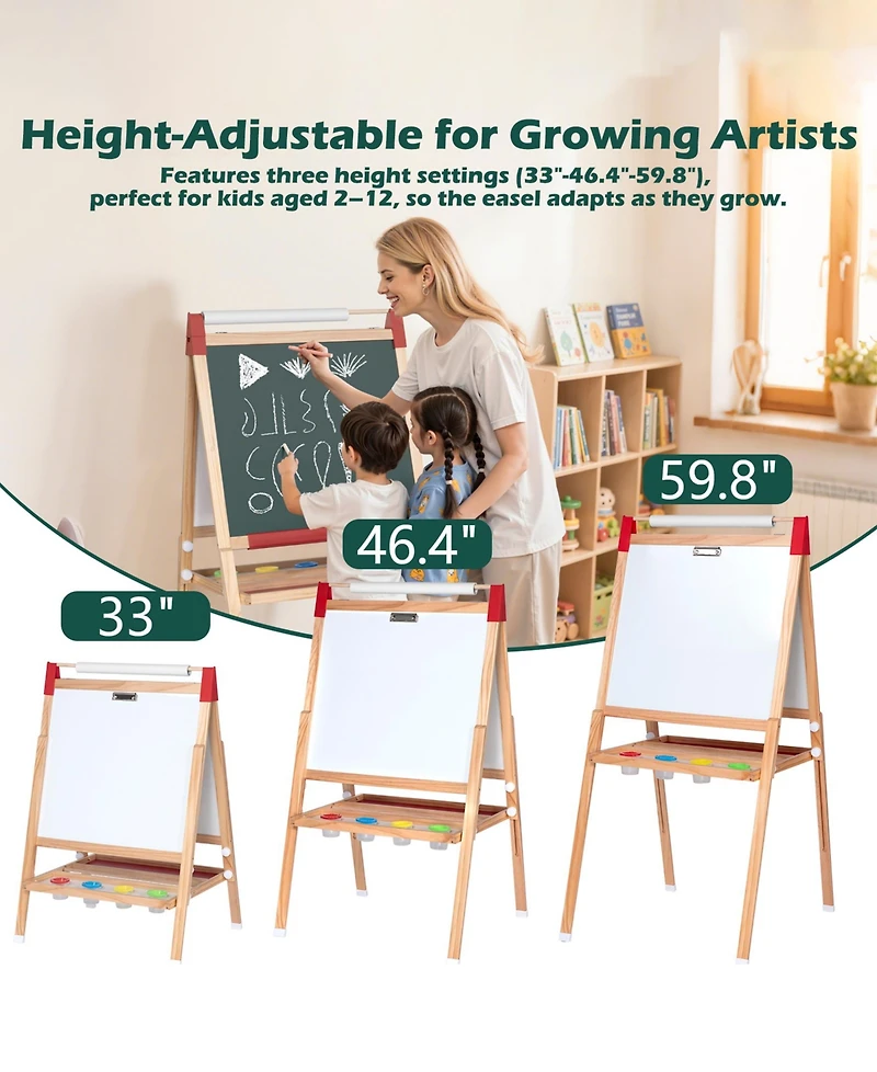 Sugift 3-in-1 Adjustable Kids Art Easel with Chalkboard, Whiteboard, and Paper Roll