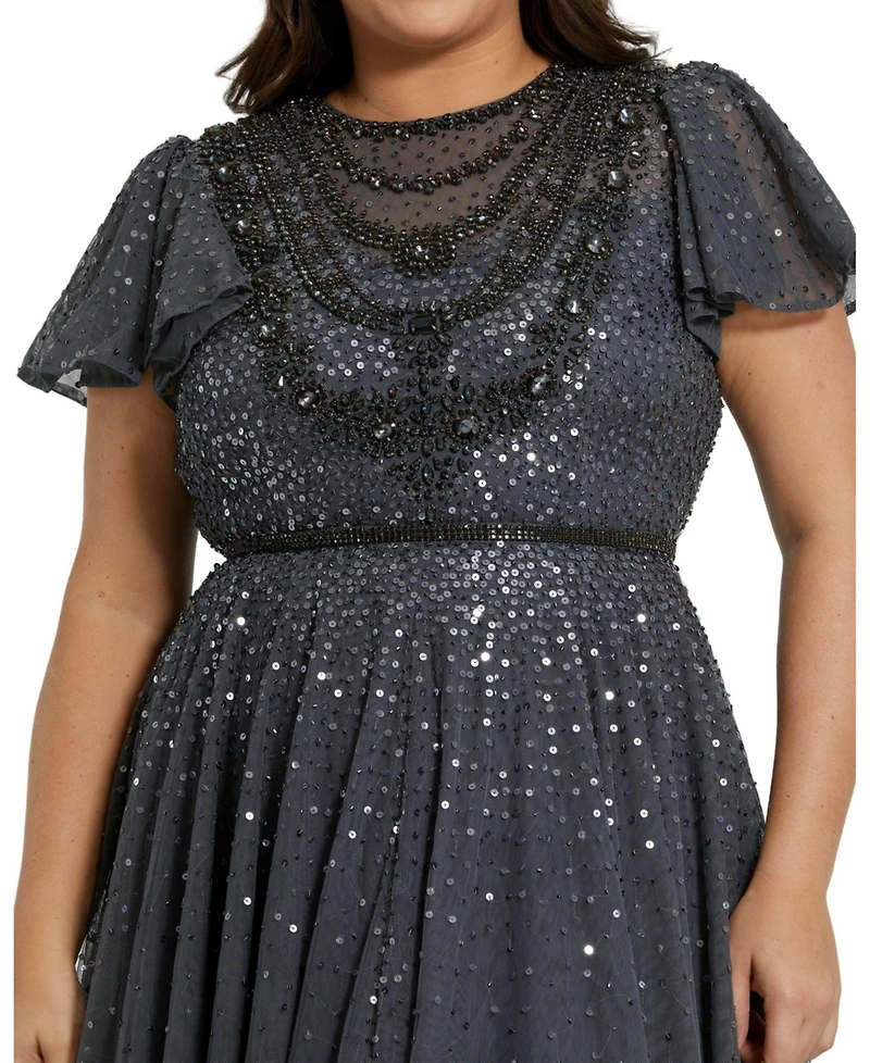 Mac Duggal Women's Sheer Flutter Sleeve Beaded Fluffy Net Gown