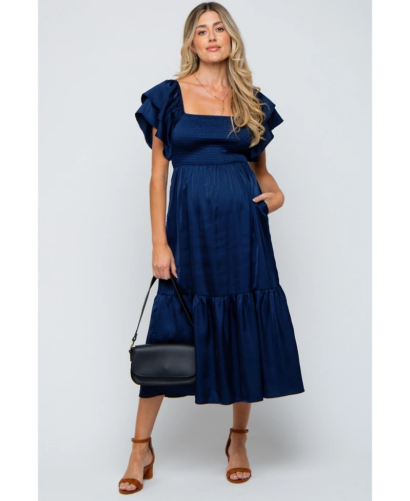 Pinkblush Maternity Navy Satin Flutter Sleeve Midi Dress