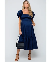 Pinkblush Maternity Navy Satin Flutter Sleeve Midi Dress