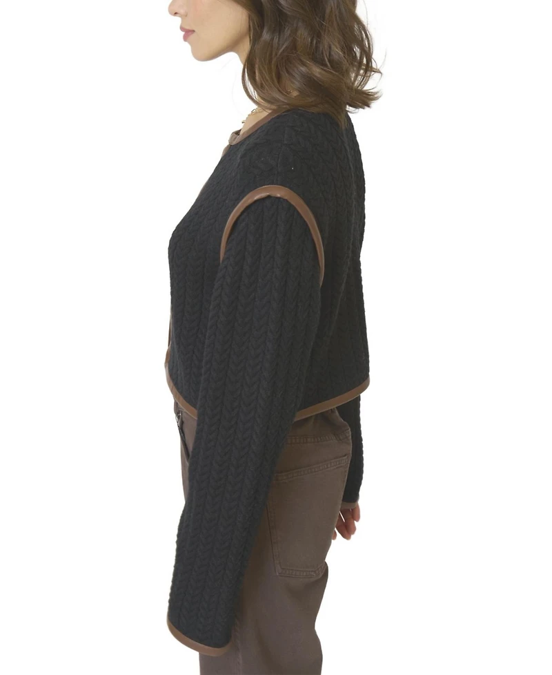 Central Park West Women's Atlas Leather Trim Cable Cardi