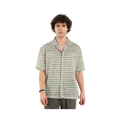 Campus Sutra Men's Olive Green & Powder White Chevron-Striped Oversized Shirt