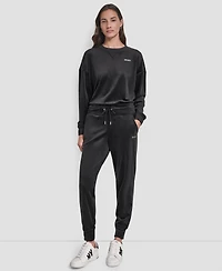 Dkny Women's Platinum Velour Rhinestone Logo Slim Fit Joggers