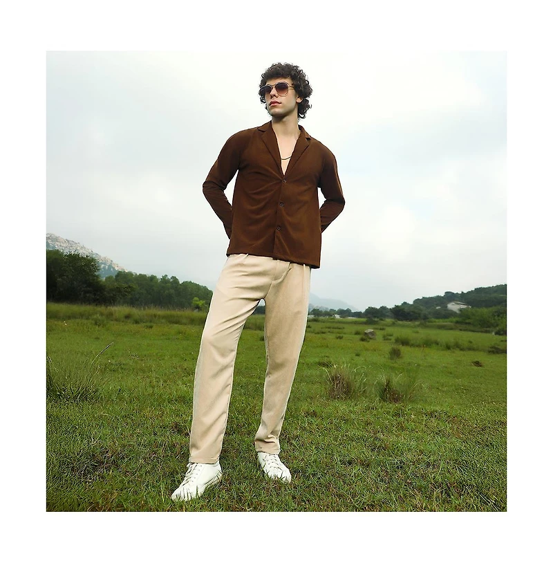 Campus Sutra Men's Chocolate Brown Ribbed Oversized Shirt