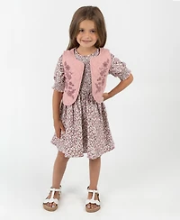 Rare Editions Little Girls Floral Corduroy Dress with Quilted Vest, 2 pc