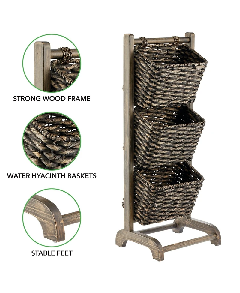 mDesign Water Hyacinth 3-Tiered Storage Baskets Floor Stand - Black/Black Wash