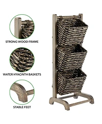 mDesign Water Hyacinth 3-Tiered Storage Baskets Floor Stand - Black/Black Wash
