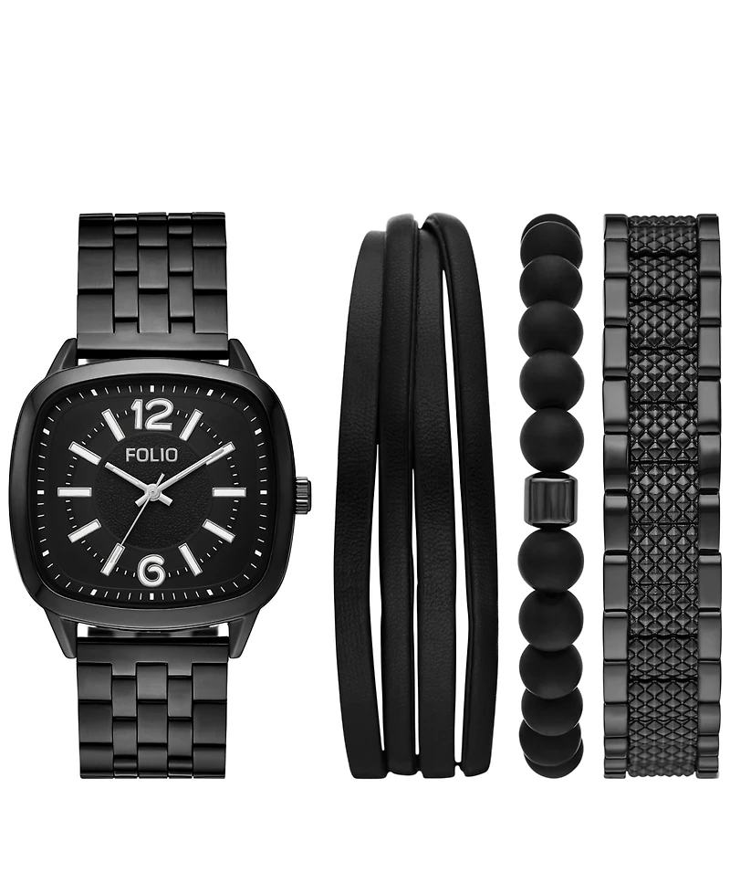 Folio Men's Quartz Three-Hand Black Alloy Watch Set, 40mm