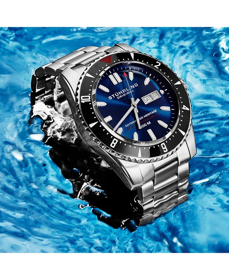Stuhrling Men s Aquadiver 44mm Swiss Automatic Diver Watch, Blue Dial, Stainless Steel Bracelet, Day-Date, 200M Water Resistant