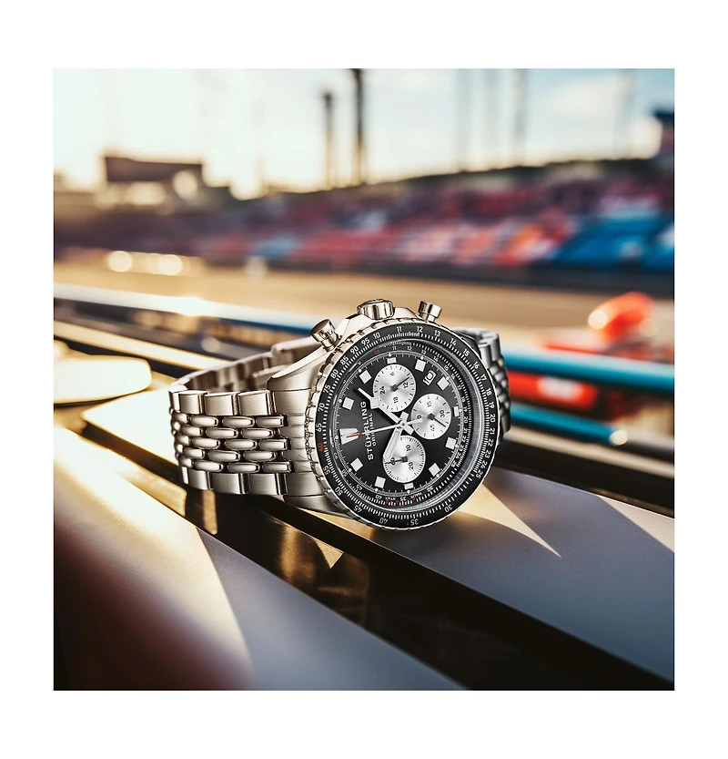 Stuhrling Men s RaceWay 1010 44mm Quartz Chronograph Watch, Blue Dial with Silver Subdials, Tachymeter Bezel, Stainless Steel Bracelet